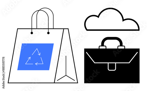 Sustainability, online shopping, digital storage, office tools, business solutions, cloud computing. Shopping bag with recycling symbol, briefcase and cloud. Sustainability and online shopping