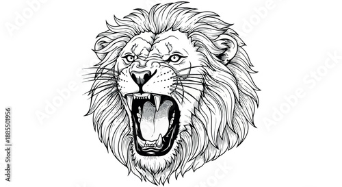 A detailed black and white illustration of a lion's head with its mouth open, showcasing its teeth and mane against a plain white background.