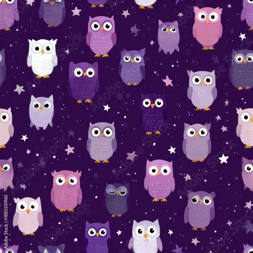 Colorful owl pattern on a dark background with stars.