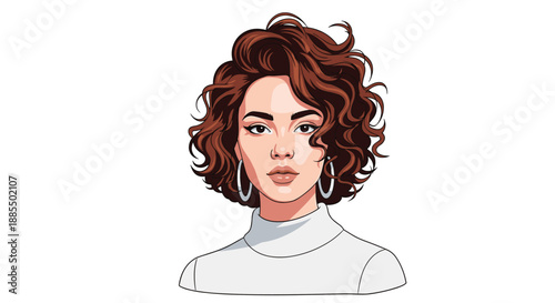 Beautiful portrait of a woman with voluminous curly brown hair wearing silver hoop earrings and a simple white turtleneck sweater.