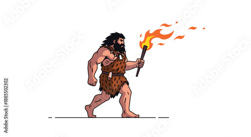 Prehistoric caveman character walking while carrying a flaming torch and wearing a leopard print animal skin tunic.