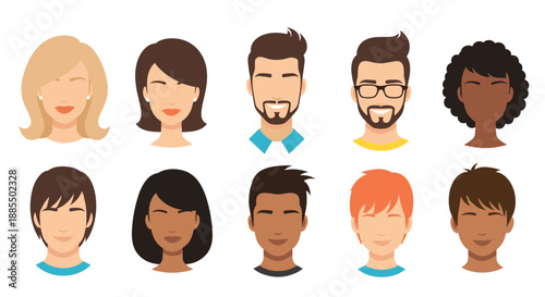 Diverse group of people avatars including men and women of different ethnicities with various hairstyles and glasses.