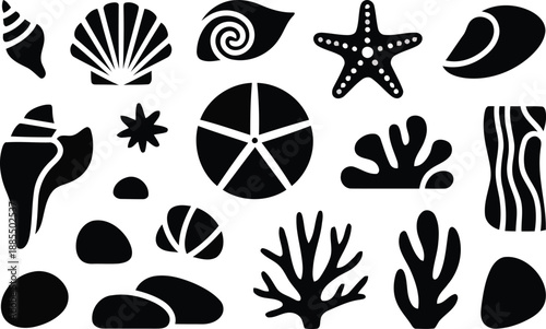 Variety of ocean treasures and marine elements rendered as elegant black silhouettes on a bright white canvas