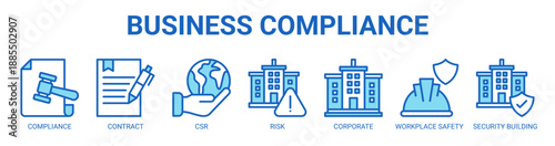 Business Compliance web banner icon vector illustration concept with icon of Compliance, Contract, Corporate Social Responsibility, Risk, Corporate, Workplace Safety, and Security Building.