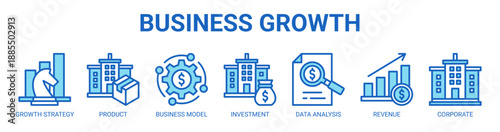 Business Growth web banner icon vector illustration concept with icon of Growth Strategy, Product, Business Model, Investment, Data Analysis, Revenue, and Corporate.
