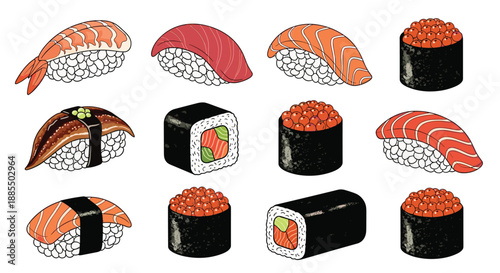 Detailed collection of twelve different pieces of sushi including nigiri and rolls with salmon tuna and caviar.