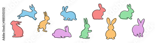 Rabbit icons, colored hare and bunny poses, sitting, running, jumping and resting, vector illustration on transparent background