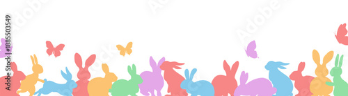 Easter rabbit silhouette set, colored bunny poses, sitting and standing, cute wildlife vector illustration on transparent background