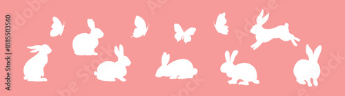 Rabbit silhouette set, white hare and bunny poses, running, sitting and jumping wildlife vector illustration