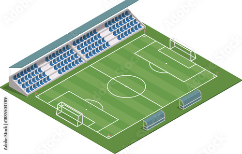Small football pitch with bench area and supporter stand