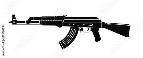 A black silhouette of an AK-47 rifle on a white background