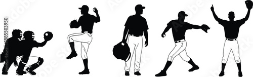 Baseball player silhouettes showing pitching, throwing, catching, walking, and celebrating poses isolated on white background for sport action training illustration concept