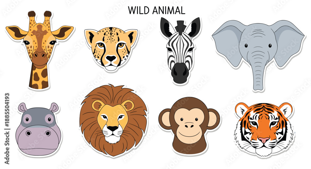 Obraz premium Colorful sticker collection of eight cute cartoon wild animal heads including a lion tiger elephant and giraffe on a white background.