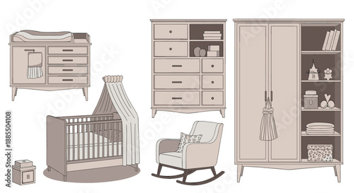 A complete set of vintage-style nursery furniture including a crib changing table wardrobe and rocking chair in sepia tones.