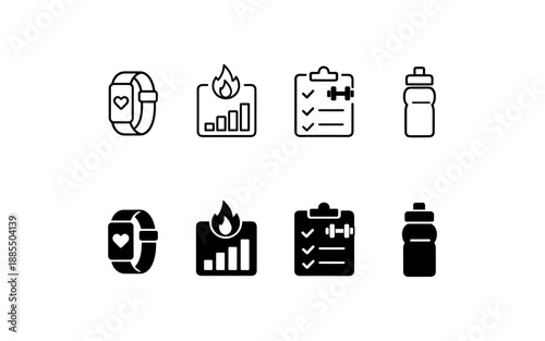 Fitness icons set: smartwatch, calorie counter, workout plan, and water bottle