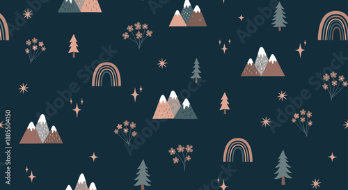 A cute and magical seamless pattern with mountains rainbows and stars in a boho style for a children's nursery background.