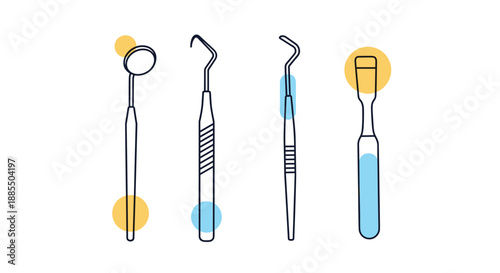 Minimalist line art set of four essential dental instruments including a mouth mirror and probe with abstract colorful circles.