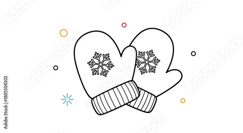 Simple black outline drawing of a pair of cozy winter mittens decorated with a snowflake design on a white background.