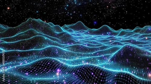 Ethereal blue neon wave landscape of interconnected digital meshes beneath a starry night sky