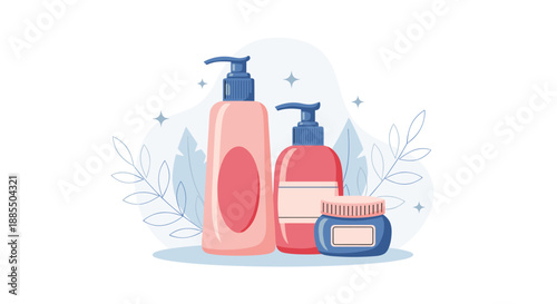 Set of three cosmetic and skincare product containers with dispensers against a backdrop of soft leaves and sparkles.