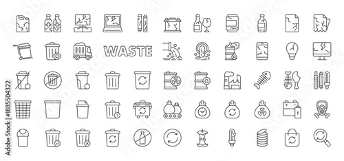 Waste icons in line design. Waste, recycling, trash, garbage, disposal, environment, pollution on white background vector. Waste editable stroke icons