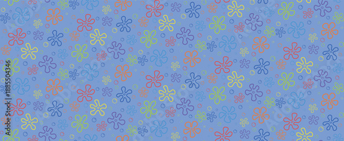 Seamless pattern with flowers and bubbles on blue background