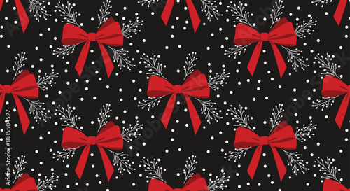 Festive seamless Christmas pattern with large red bows and delicate white branches on a black background with polka dots.