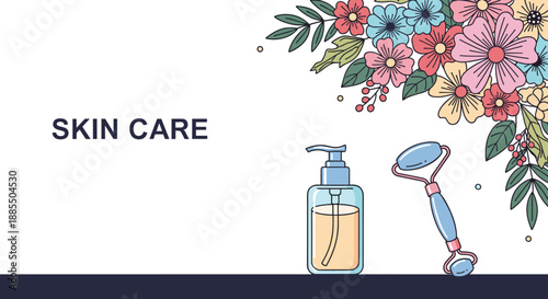 Skin care concept banner with a bottle of cosmetic oil a face roller and a beautiful floral arrangement in the corner.