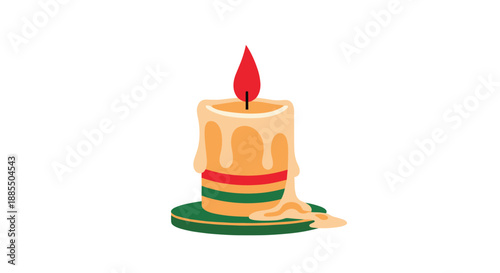 Simple flat illustration of a lit candle with melting wax on a small holder isolated on a plain white background.