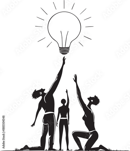 Team reaching for light bulb symbol of knowledge innovation and enlightenment in black and white vector illustration