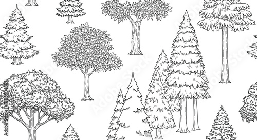 Seamless black and white pattern of various hand-drawn trees including pine and deciduous types for a forest-themed design.