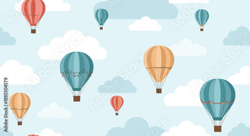 Whimsical seamless pattern of colorful hot air balloons floating among fluffy white clouds in a pale blue sky background.