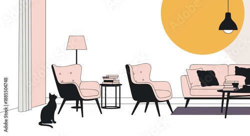 Stylish modern living room interior with pink armchairs a sofa and a black cat silhouette in a minimalist scandinavian design.