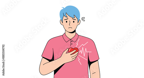 Worried young man experiencing chest pain or a heart attack with a visible heartbeat line on a white background illustration.