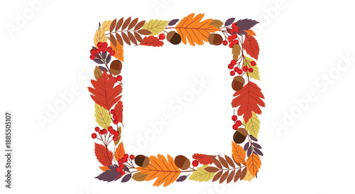 A vibrant square frame made of colorful autumn leaves acorns and red rowan berries perfect for seasonal designs.