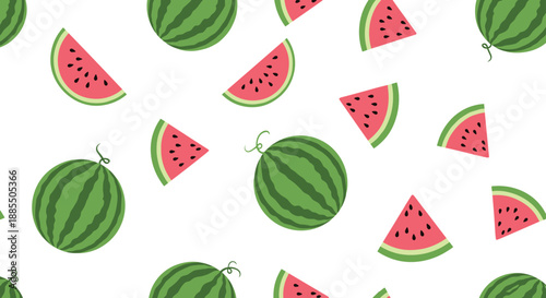 A refreshing seamless pattern of whole watermelons and juicy red slices scattered on a clean white background for summer.
