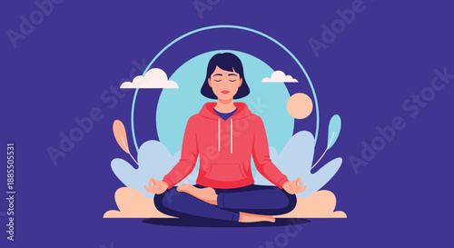 A serene young woman meditating in the lotus position outdoors with abstract clouds and leaves for mental wellness.
