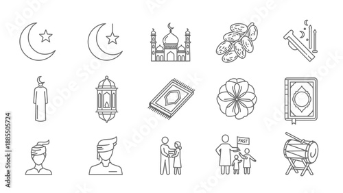 Ramadan Kareem icons set for Islamic holiday celebration