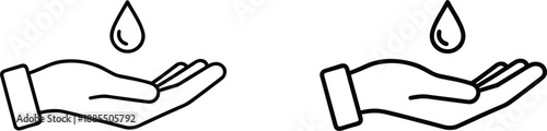 Hand holding water drop line icon set representing hygiene care cleanliness and liquid protection isolated vector illustration
