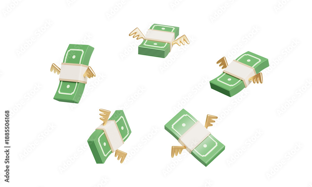 Fototapeta premium 황금 날개가 달린 날아다니는 돈뭉치 Flying Money Stack with Golden Wings