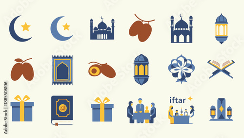 Ramadan Kareem icons set with mosque, lantern, dates, and prayer mat