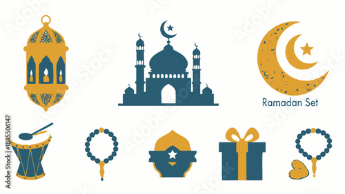 Ramadan Kareem celebration icons set with mosque, lantern, and crescent moon