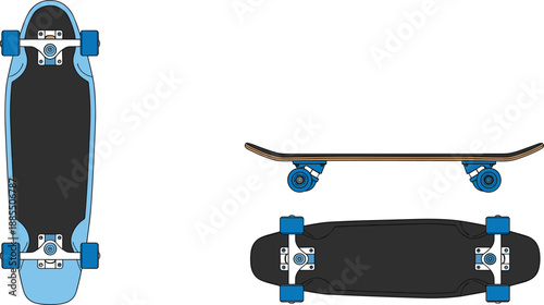 Longboard skateboard illustration set showing top bottom and side views with blue wheels isolated vector design