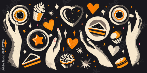 A whimsical collection of desserts coffee and hands in an illustrative style