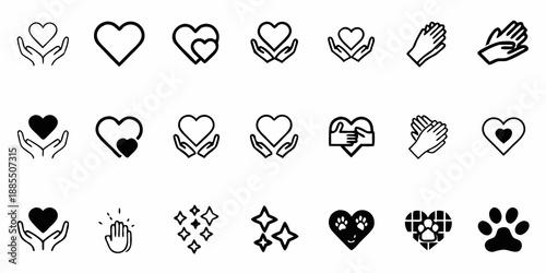 Collection of black and white hand heart and paw print icons