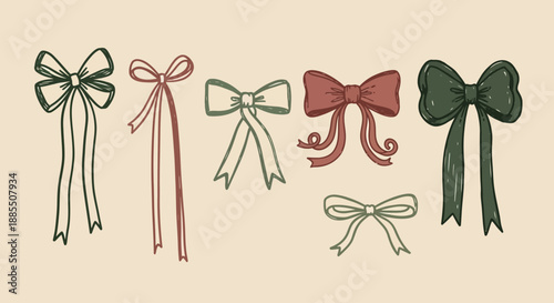 Collection of Elegant Hand-Drawn Bows in Various Styles and Colors, Perfect for Decorative Accents and Craft Projects