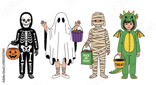 Adorable children dressed in Halloween costumes skeleton, ghost, mummy, and dragon, ready for trick-or-treating