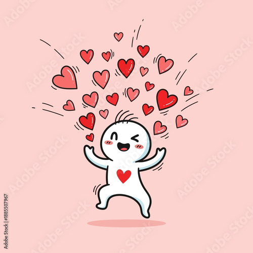 Happy Cartoon Character Surrounded by Hearts.