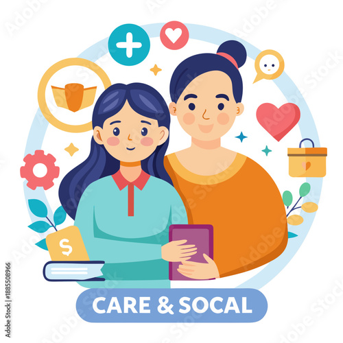 Two women with symbols of care and support