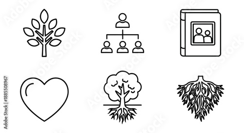 A versatile collection of outline icons representing family lineage, personal heritage, relationships, love, growth, and organizational structure for diverse design projects